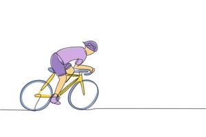 un dibujo de una sola línea de un joven ciclista enérgico mejora su velocidad en la ilustración vectorial de la sesión de entrenamiento. concepto de ciclista de carreras. diseño de dibujo de línea continua para banner de evento de ciclismo vector