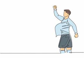 Single continuous line drawing of young sporty soccer player make pregnant gesture using ball after scoring the goal. Match soccer goal celebration concept one line draw design vector illustration
