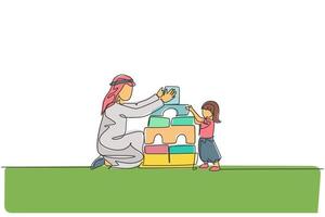 One single line drawing of young Islamic dad playing block foam puzzle house with his daughter at home vector illustration. Happy Arabian family parenting concept. Modern continuous line draw design