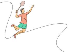 Single continuous line drawing of young agile badminton player jump and smash the ball. Sport exercise concept. Trendy one line draw design vector illustration for badminton tournament publication