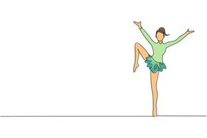 Single continuous line drawing of young beauty professional gymnast girl perform floor exercise. Rhythmic gymnastic training and stretching concept. Trendy one line draw design vector illustration