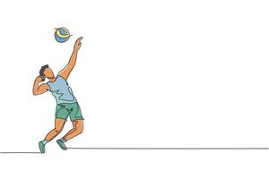 uno continuo línea dibujo joven masculino profesional vóleibol jugador en acción servir pelota en corte. sano competitivo equipo deporte concepto. dinámica soltero línea dibujar diseño vector gráfico ilustración