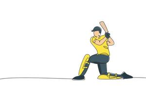 un dibujo de una sola línea de un joven jugador de críquet enérgico de pie con la rodilla en la ilustración vectorial del suelo. concepto de feria deportiva. diseño moderno de dibujo de línea continua para banner de competencia de cricket vector