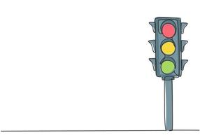 Continuous one line drawing of traffic lights with poles to regulate vehicle travel at road intersections. There are red, yellow, green lights. Single line draw design vector graphic illustration.