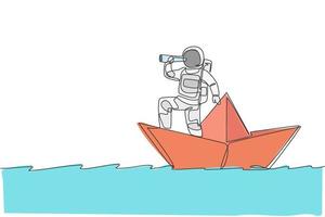 One single line drawing young astronaut look at forward using telescope while standing on paper boat in sea ocean graphic vector illustration. Cosmonaut deep space concept. Continuous line draw design