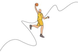 One single line drawing of young energetic basketball player jumping throw the ball vector illustration. Sports competition concept. Modern continuous line draw design for basketball tournament poster