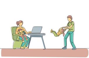 One continuous line drawing of young mother work typing on laptop and father playing with daughter at home. Happy family parenting concept. Dynamic single line draw design vector illustration