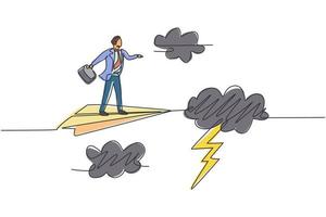 Continuous one line drawing young male worker flying with paper airplane through heavy thunderstorm. Business obstacle metaphor. Minimalist concept. Single line draw design vector graphic illustration