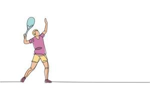 Single continuous line drawing of young agile tennis player prepare to service the ball. Sport exercise concept. Trendy one line draw design vector illustration for tennis tournament promotion media