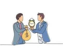 Continuous one line drawing of two young male workers exchange money bag and analog alarm clock. Time management business barter minimalist concept. Single line draw design vector graphic illustration