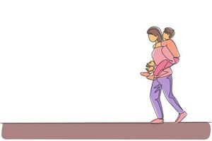 One continuous line drawing of young mother walking while carrying her sleepy tired son on back go to the bed room. Happy family parenthood concept. Dynamic single line draw design vector illustration