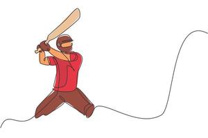 One continuous line drawing of young happy man cricket player standing stance to hit the ball vector illustration. Competitive sport concept. Dynamic single line draw design for advertisement poster