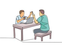 One continuous line drawing of young happy manager drink a cup of coffee and discussing business project. Working together on co working space concept single line draw design vector illustration