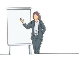 One single line drawing of young businesswoman presenting new golden rules of company to the workers. Effective training presentation concept continuous line draw graphic design vector illustration