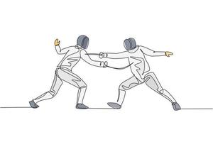 Single continuous line drawing of two young pro fencer athlete women in fencing mask and rapier duel at gym arena. Fighting sport competition concept. Trendy one line draw design vector illustration