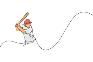 Single continuous line drawing of young agile man baseball player focus practice to hit the ball. Sport exercise concept. Trendy one line draw design vector illustration for baseball promotion media