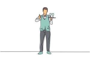 Single continuous line drawing waiter stood up with a thumbs-up gesture and brought a tray of drinking glasses to offer to restaurant guests. Dynamic one line draw graphic design vector illustration.