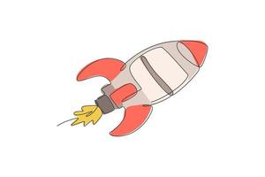 One single line drawing of simple vintage rocket takes off into the outer space graphic vector illustration. Exploration cosmos galactic with spaceship concept. Modern continuous line draw design