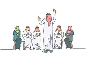 un dibujo de una sola línea de un joven entrenador de negocios musulmán feliz que enseña cómo hacer una buena presentación. tela de arabia saudita shmag, kandora, pañuelo en la cabeza, thobe. Ilustración de vector de diseño de dibujo de línea continua