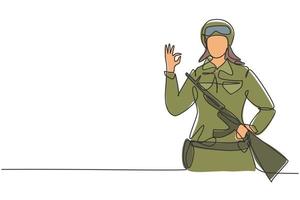 Single continuous line drawing female soldiers with weapon, uniform, gesture okay is ready to defend the country on battlefield against enemy. Dynamic one line draw graphic design vector illustration