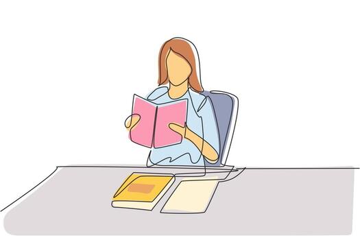 mujer de dibujo continuo de una línea leyendo, aprendiendo y sentada en una silla alrededor de la mesa. estudiar en biblioteca. estudiante inteligente, concepto de educación. Ilustración gráfica de vector de diseño de dibujo de una sola línea