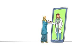 dibujo continuo de una línea paciente árabe que recibe prescripción de un médico en el teléfono inteligente. concepto de consulta médica en línea. Ilustración gráfica de vector de diseño de dibujo de una sola línea
