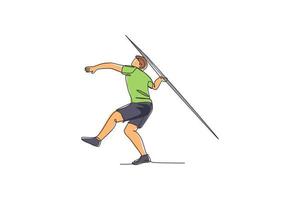 One single line drawing of young energetic man exercise aiming javelin throw to target area graphic vector illustration. Healthy lifestyle athletic sport concept. Modern continuous line draw design