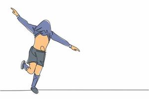 Un solo dibujo de línea continua del joven jugador de fútbol deportivo cubre su cabeza con la camiseta y corre por el campo. Concepto de celebración de gol de fútbol de partido diseño de dibujo de una línea ilustración vectorial vector