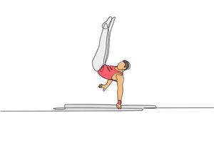 One continuous line drawing young man exercising parallel bars at gymnastic. Gymnast athlete in leotard. Healthy sport and active concept. Dynamic single line draw design vector illustration graphic