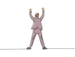 One single line drawing of young happy business man standing and fist his hands to the air to celebrate his success, back view. Business deal concept continuous line draw design vector illustration