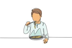 Single one line drawing young Arab boy having spaghetti meal with chopsticks around table. Enjoy lunch when hungry. Delicious and healthy food. Continuous line draw design graphic vector illustration