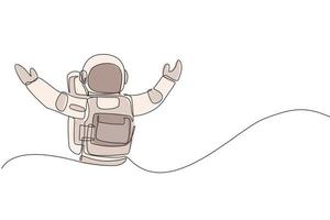 Single continuous line drawing of astronaut open his hands ready to hug in moon surface. Business office with galaxy outer space concept. Trendy one line draw design graphic vector illustration