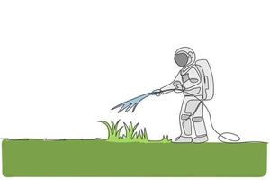 Single continuous line drawing cosmonaut watering green grass using metal plastic hose in moon surface. Galaxy astronaut farming life concept. Trendy one line draw design vector illustration graphic