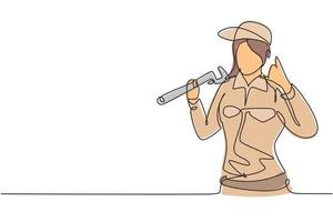 Single one line drawing female plumber with call me gesture ready to work on repairing the leaking drain in sink and house's drains. Modern continuous line draw design graphic vector illustration