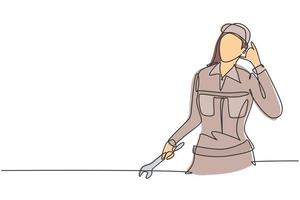 Continuous one line drawing female mechanic with call me gesture and holding wrench works to fix broken car engine in garage. Success business. Single line draw design vector graphic illustration