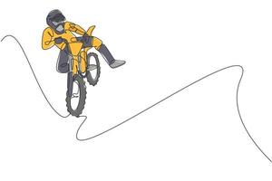 One continuous line drawing of young motocross rider jumping fly acrobatic at race track. Extreme sport concept. Dynamic single line draw design vector illustration for motocross competition poster