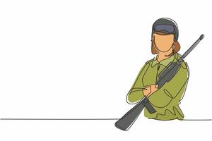 Continuous one line drawing of young female soldier carrying weapon pose cross arms on chest. Professional job profession minimalist concept. Single line draw design vector graphic illustration