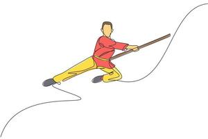 One continuous line drawing of wushu master man jumping, kung fu warrior in kimono with long staff on training. Martial art sport contest concept. Dynamic single line draw design vector illustration