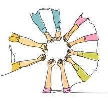 un dibujo de líneas de jóvenes felices puños y unir sus manos y crear forma de círculo. Concepto de formación de equipos de negocios ilustración gráfica de vector de diseño de dibujo de línea continua