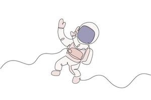 Single continuous line drawing of young cosmonaut scientist discovering spacewalk universe in vintage style. Astronaut cosmic traveler concept. Trendy one line draw graphic design vector illustration