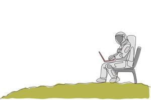 One single line drawing of cosmonaut sitting on chair while typing in moon surface graphic vector illustration. Astronaut business office with outer space concept. Modern continuous line draw design