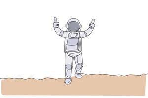 One continuous line drawing young spaceman on spacesuit giving thumbs up gesture in moon surface. Astronaut business office with deep space concept. Single line draw design graphic vector illustration