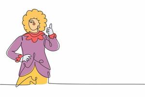 Continuous one line drawing female clown with thumbs-up gesture, wearing a wig and smiling face make-up, entertaining kids at a festive birthday. Single line draw design vector graphic illustration