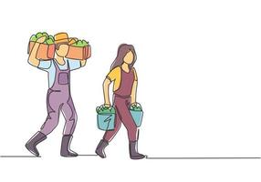 Continuous one line drawing couple farmer carrying boxes and baskets of fruit in they right and left hands and shouldered it. Minimalist concept. Single line draw design vector graphic illustration.