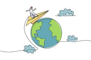 dibujo de una sola línea del joven empresario árabe de todo el mundo con un avión de papel volador. concepto de metáfora mínima de viaje de negocios global. Ilustración de vector gráfico de diseño de dibujo de línea continua