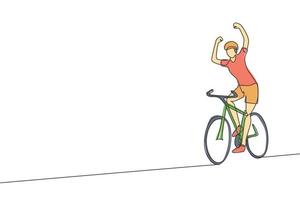 Single continuous line drawing of young agile man cyclist raise his hands while reach finish line. Sport lifestyle concept. One line draw design vector illustration for cycling race promotion media