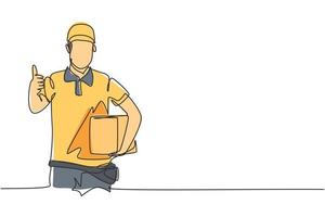 Continuous one line drawing delivery man with a thumbs-up gesture, carrying the package box to be delivered to customers with the best service. Single line draw design vector graphic illustration.