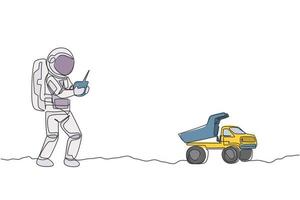 One continuous line drawing of astronaut playing dump truck radio control in moon cosmic galaxy. Outer space hobby and lifestyle concept. Dynamic single line draw design vector illustration graphic