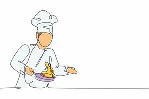 dibujo de línea continua única del joven chef masculino guapo preparándose para saltear verduras en la sartén. concepto de comida orgánica saludable diseño de dibujo de una línea ilustración de minimalismo vectorial vector