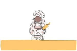 Single continuous line drawing of astronaut chef hold rolling pin and cross his hand on chest, outer space cafe. Healthy bakery shop concept. Trendy one line draw graphic design vector illustration